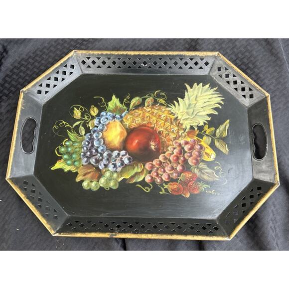 Hand Painted Metal Serving Tray Barware Black Gold Fruit Decorative Signed VTG - Picture 1 of 10